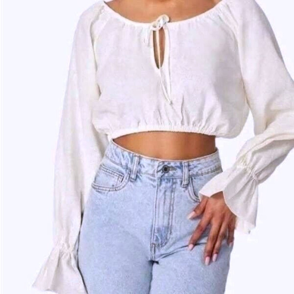 WeWoreWhat ON/OFF SHOULDER TIE FRONT LINEN BLEND TOP Size: M Eggshell White‎ NWT